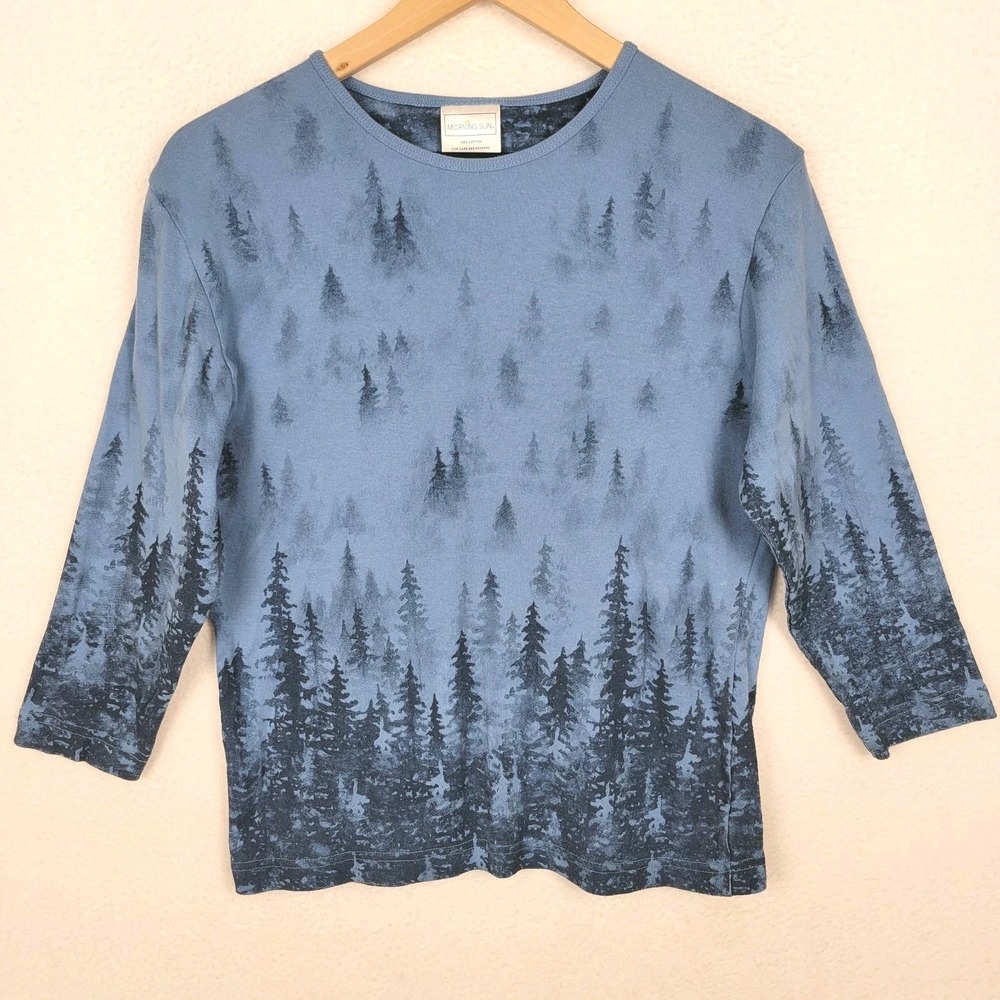 Vintage 90s Morning Sun Pine Forest Top Womens M Blue‎ Cotton Nature Cottagecore